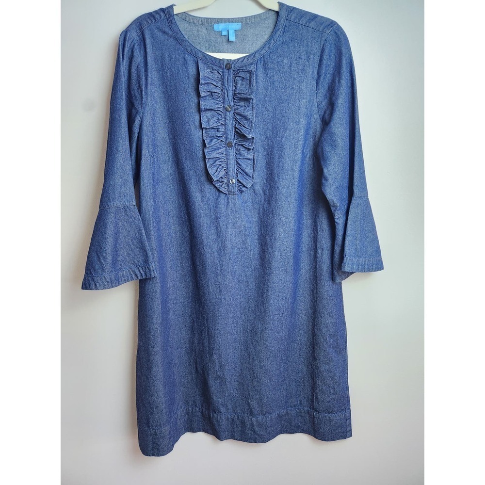 Draper James Chambray Ruffle Shirt Dress Sz 12 dk wash